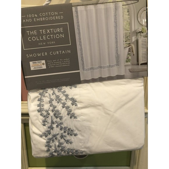 New Shower Curtain Embroidered Floral Border Cotton The Texture Collection White - Picture 1 of 6